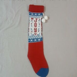 Vtg Knit Christmas Stocking Red White Blue Joy Retro Sweater Yarn Crochet READ